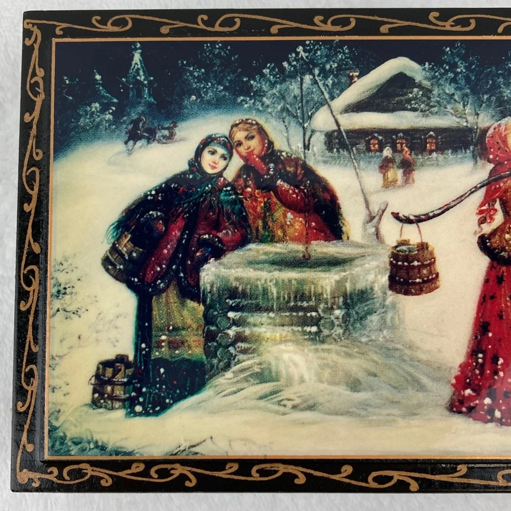 Boyarinoff Russian Lacquer Winter Scene Decorative Tea Box 7” Empty
